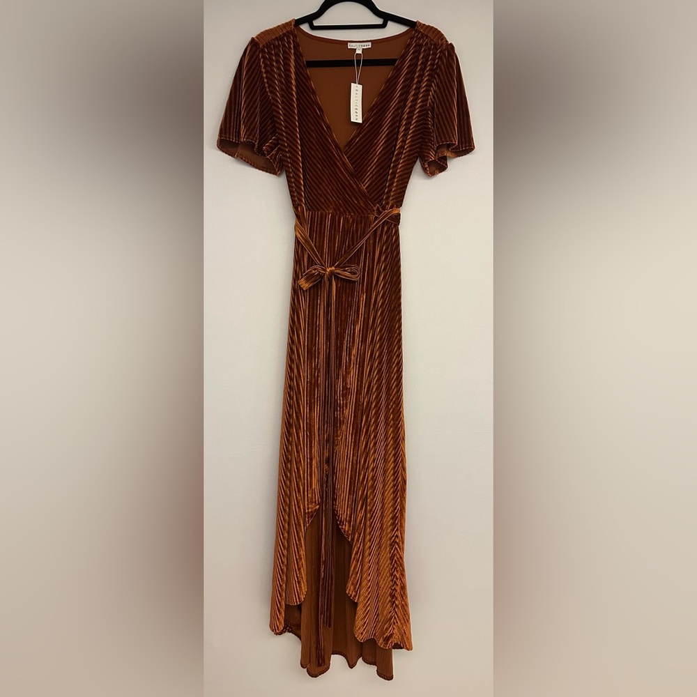 Baltic Born Andi Ribbed Velvet Wrap Dress in Rust - Picture 2 of 6